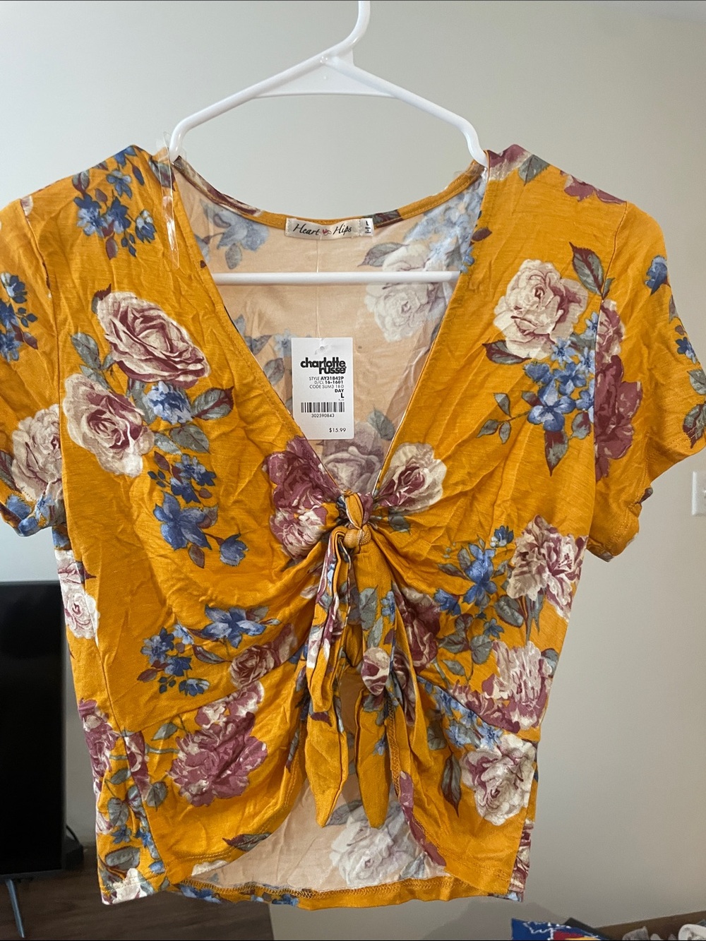 Heart Hips Mustard Floral Tie-Front Crop Top